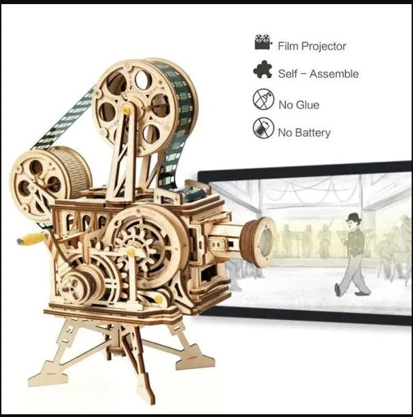 Wooden three-dimensional puzzle film projector with hand crank and gear wheel assembly