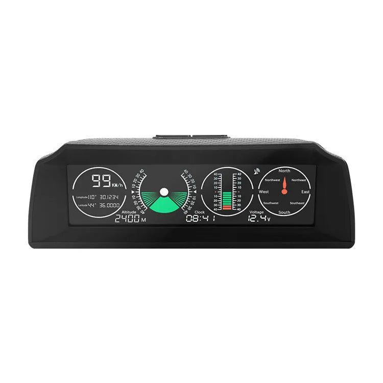 GPS GO 2 car head-up display unit with carbon fibre body on a dashboard, showing speed and angle data on a colour LCD screen.