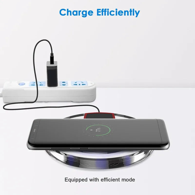 Round black QI wireless charging pad with USB cable for Samsung and iPhone phones
