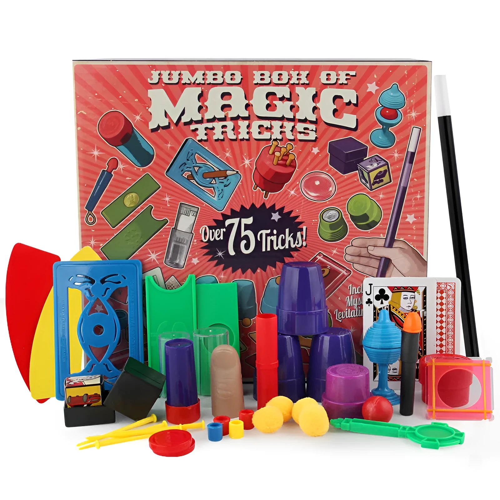 Purple and red plastic magic prop toy set for children in a carton box.