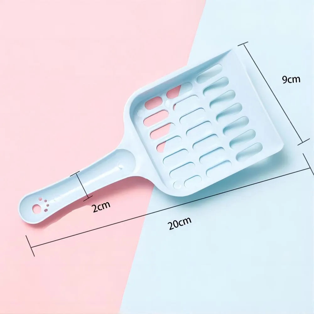 Plastic cat litter scoop in blue, green or pink colours showing 20cm length