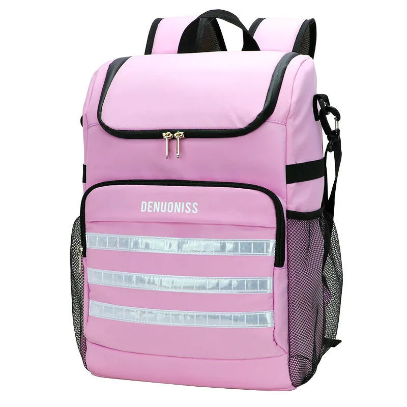 Insulated 20L beer backpack with shoulder-mounted bottle opener in black, blue, pink, or red