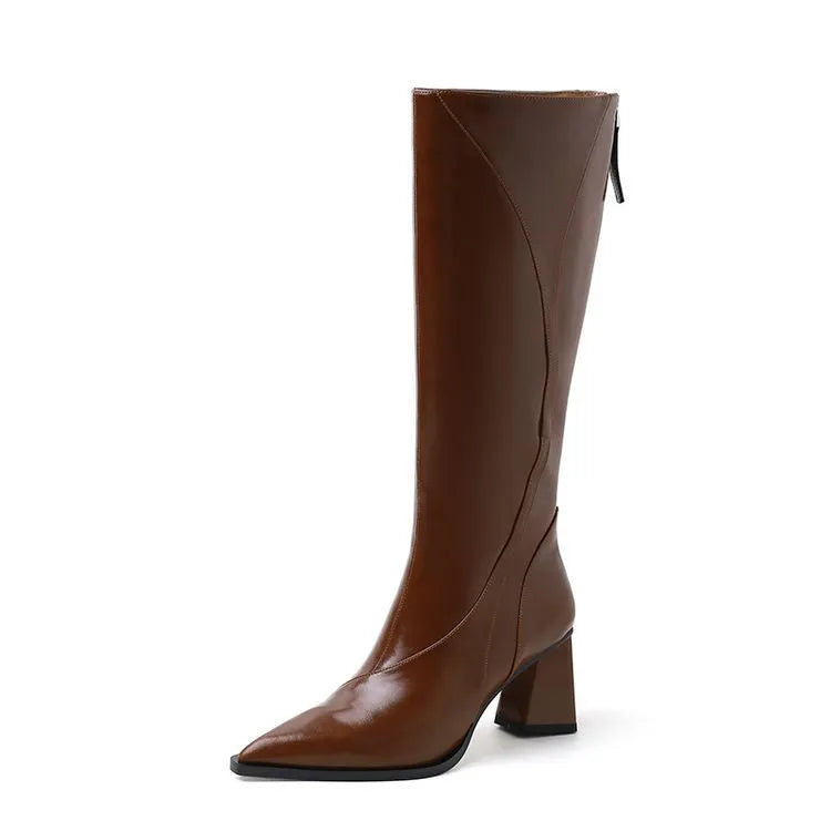 Women's black retro high heel riding boots with lace-up front and waterproof platform sole