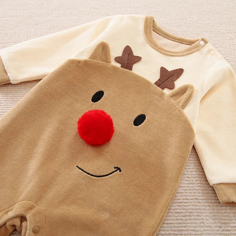 Christmas fawn baby one piece plush thick bodysuit in cotton blend with deer print