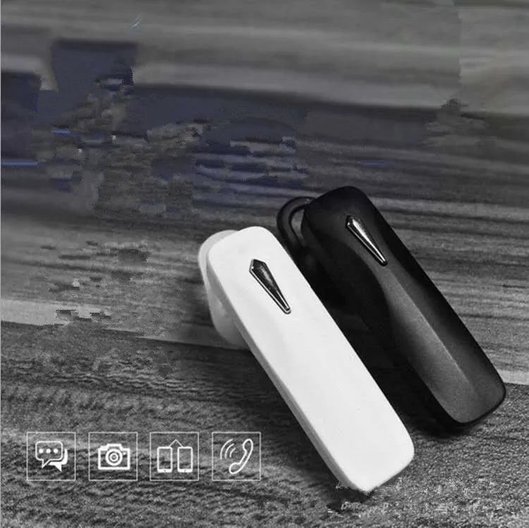 M163 black and white car Bluetooth headset for hands-free calls and music with selfie control.