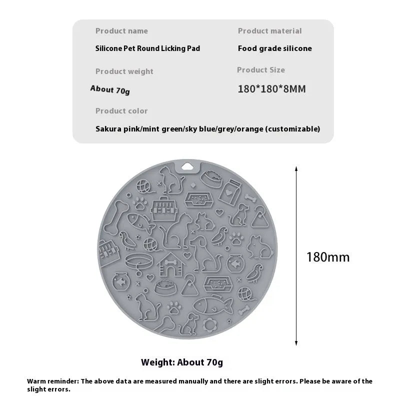 Round silicone pet licking mat with textured surface and a central suction cup, shown in mint green colour.