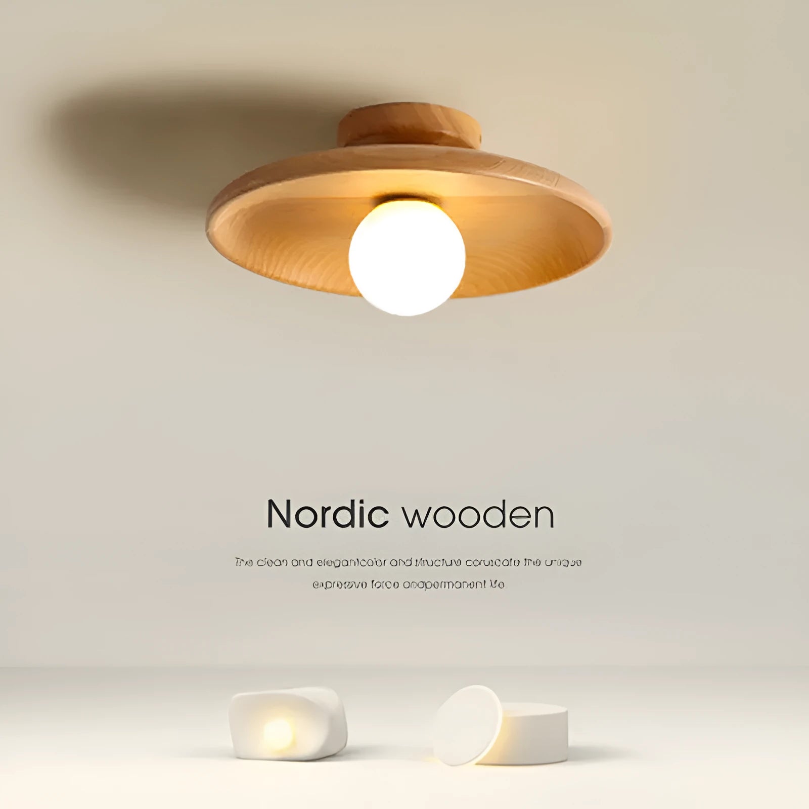 Modern minimalist ceiling lamp with solid wood body and glass shade in wood or walnut colour.
