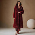 Women's longline faux fur coat in camel colour with regular sleeves and 100cm length