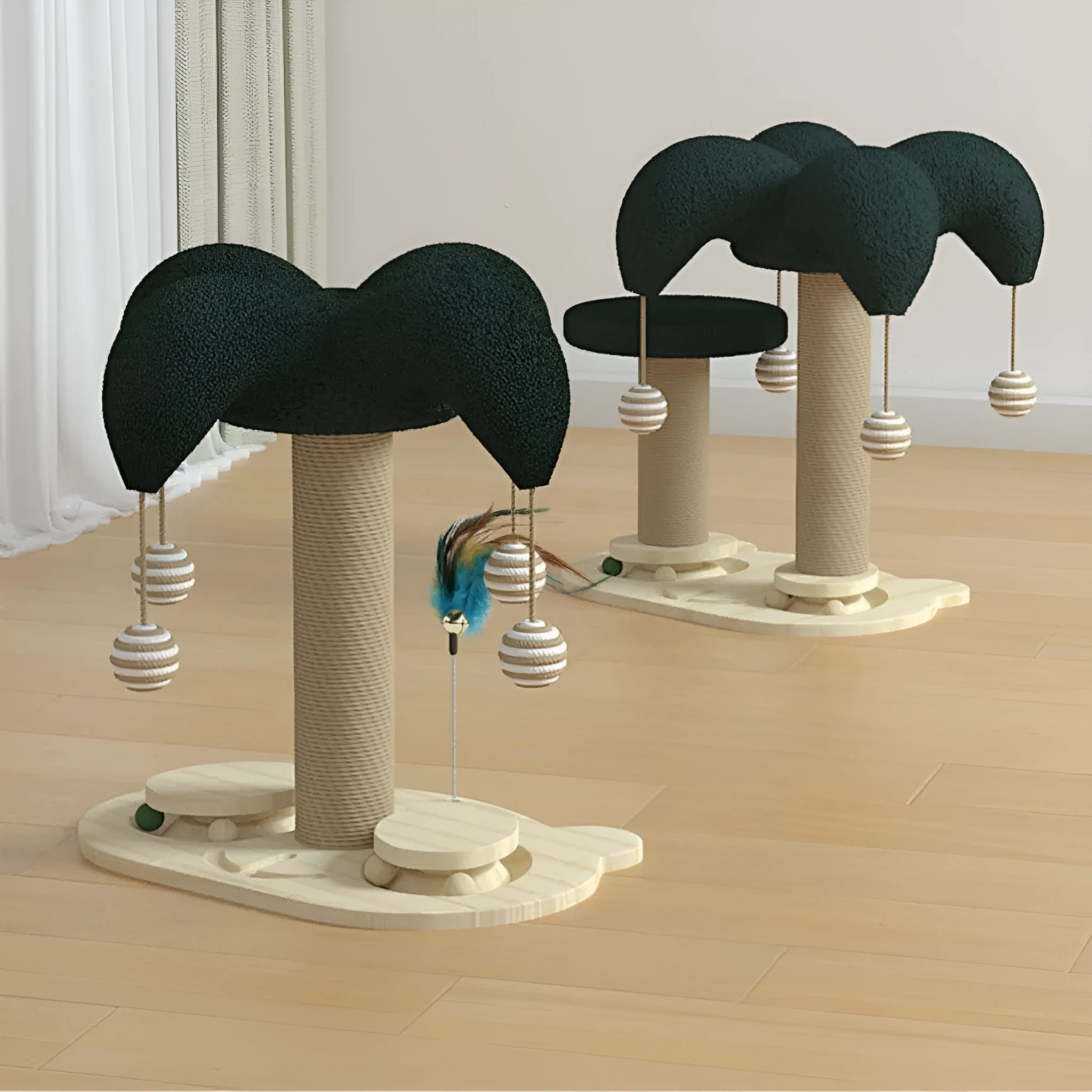 Solid wood cat scratching post with rotating sisal turntable in panda design pattern
