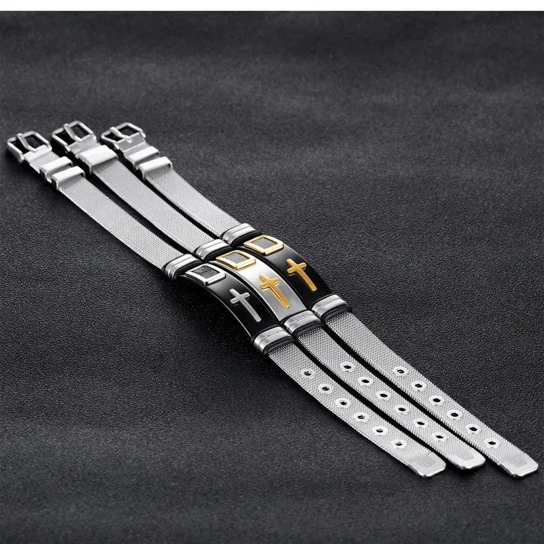 Adjustable 3D cross stainless steel mesh chain bracelet in gold on a white background