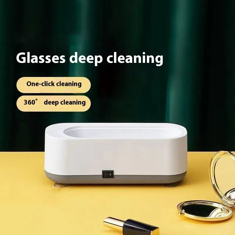 Ultrasonic glasses cleaning machine with purple light, 300ml capacity, USB or battery power, mechanical switch.
