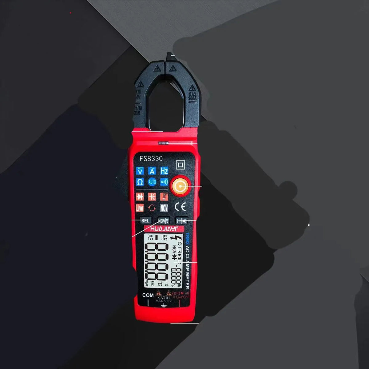 Red digital clamp meter with 40mm clamp opening, LED HD display, 174×59×27mm, 149g, for 0-600V and 0.2-200A testing
