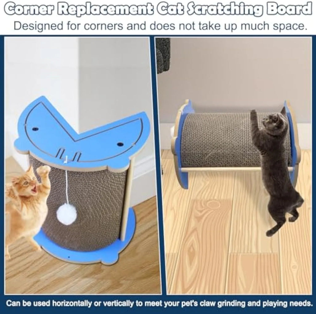 Triangular cardboard cat scratching pad positioned in room corner with hanging ball