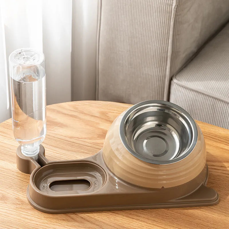 Elevated cat food bowl with automatic water dispenser in food-grade materials