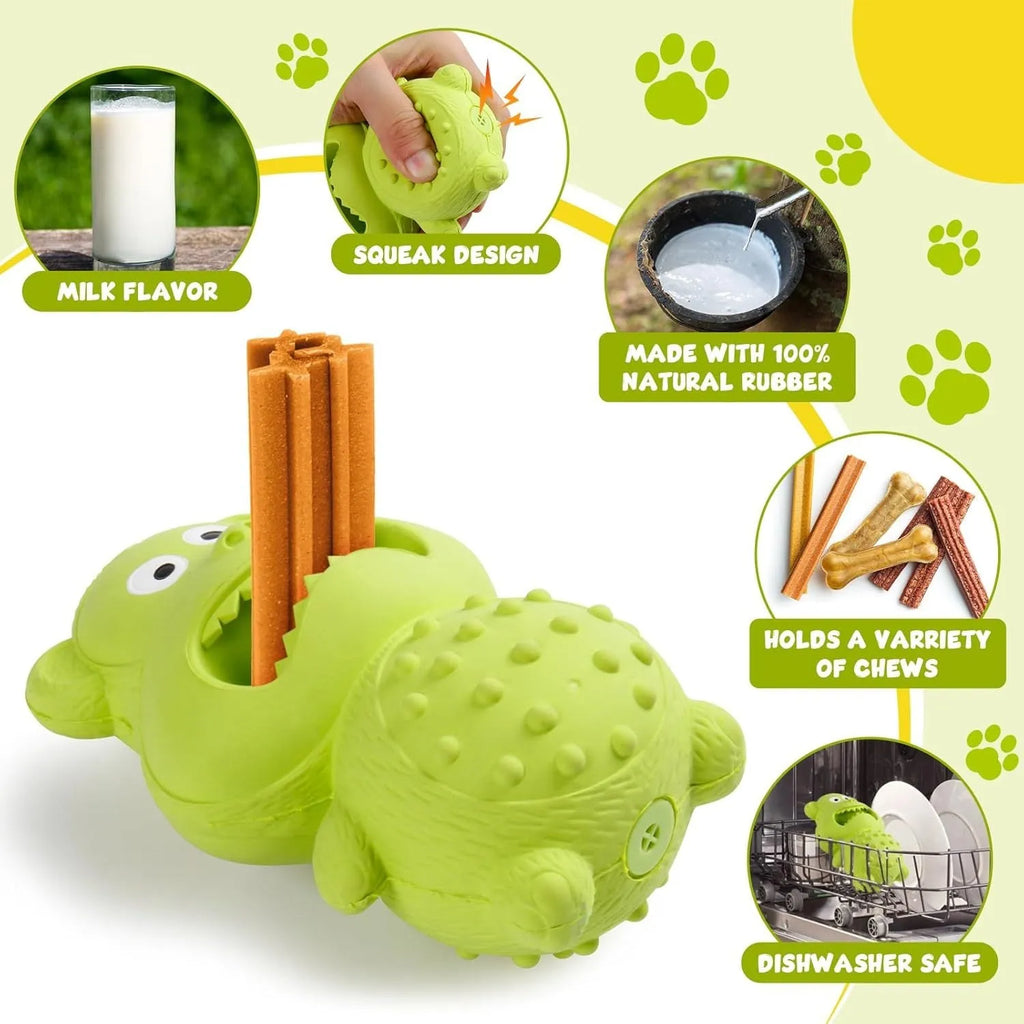 Green or yellow thick natural rubber squeaky dog toy for large breed aggressive chewers.