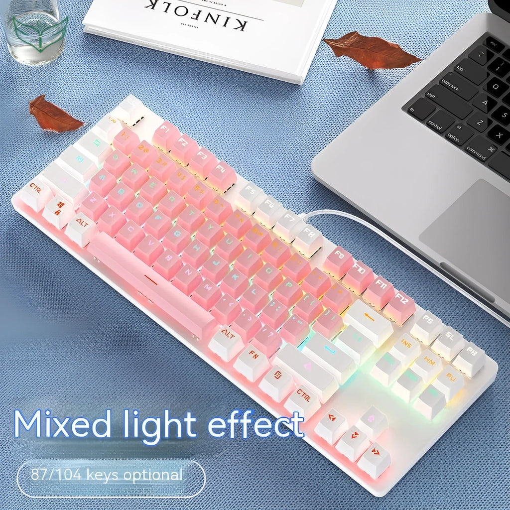 87-key green axis mechanical keyboard with blue and white mixed light and plastic casing