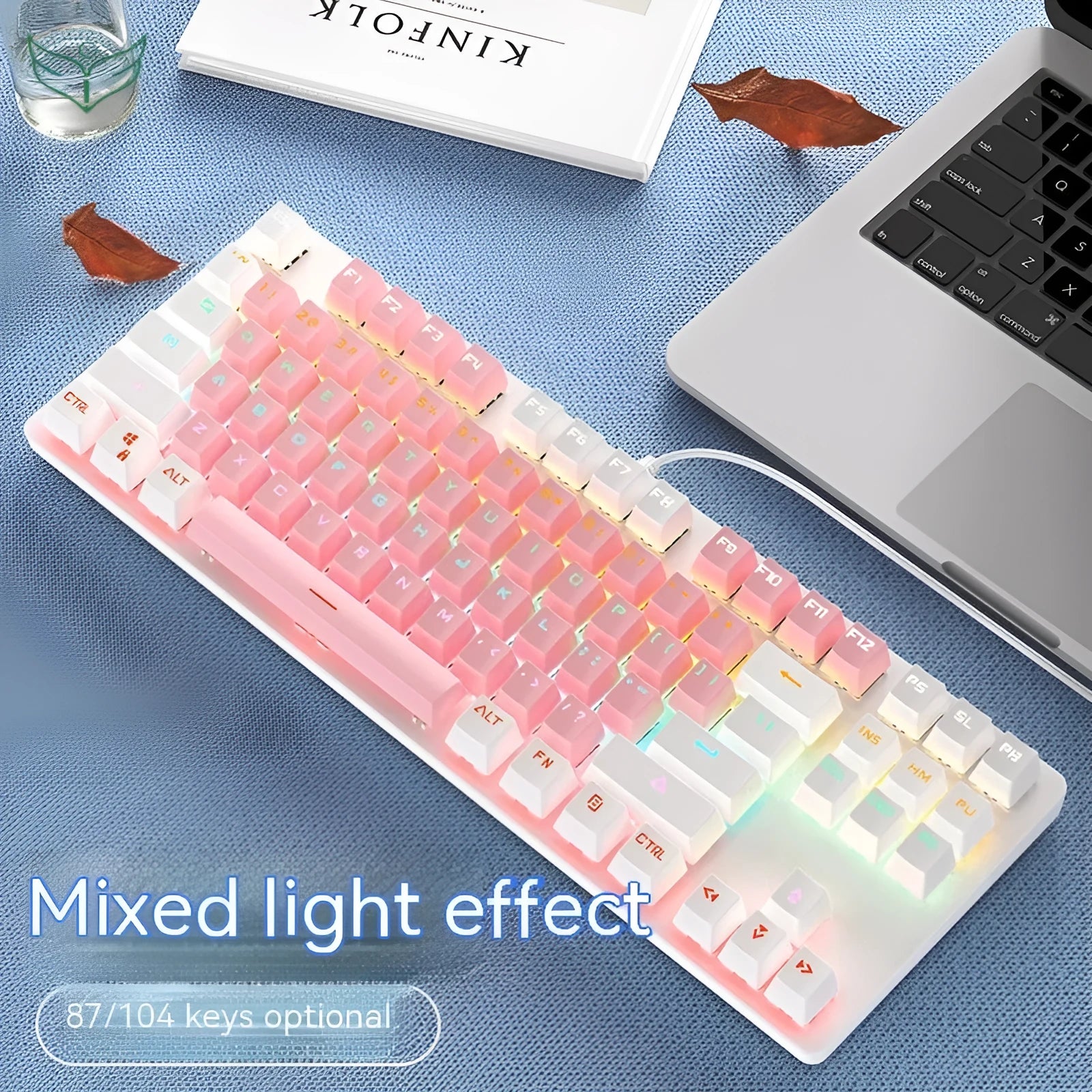 87-key green axis mechanical keyboard with blue and white mixed light and plastic casing