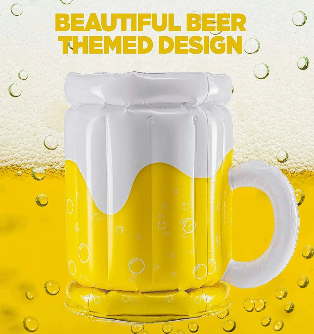 Yellow inflatable beer mug cooler floating in pool with drinks inside