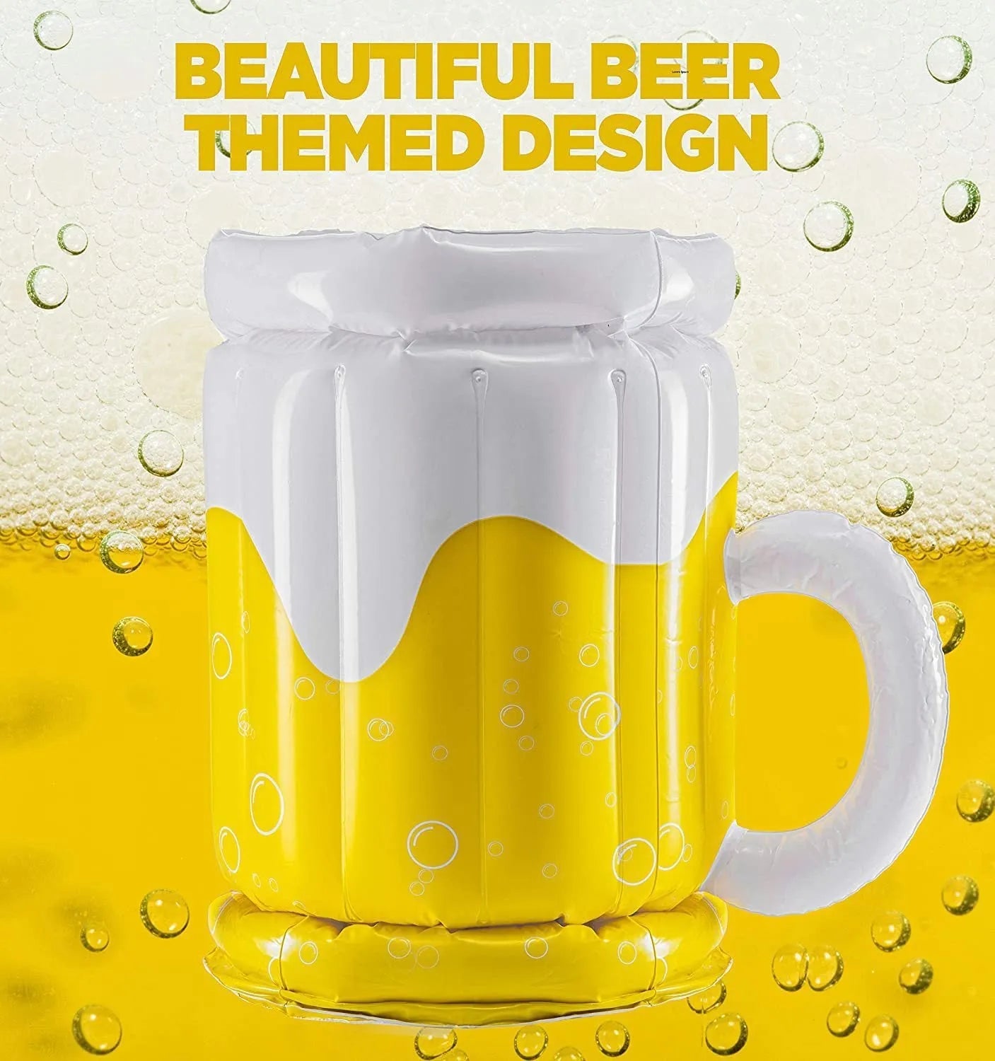 Yellow inflatable beer mug cooler floating in pool with drinks inside