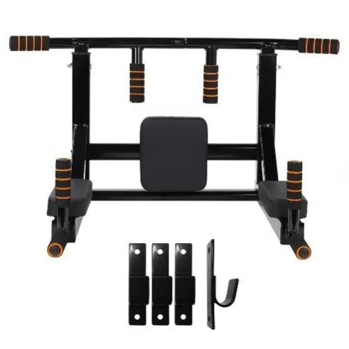 Black wall-mounted steel fitness rack with a sandbag holder and parallel pull-up bars.