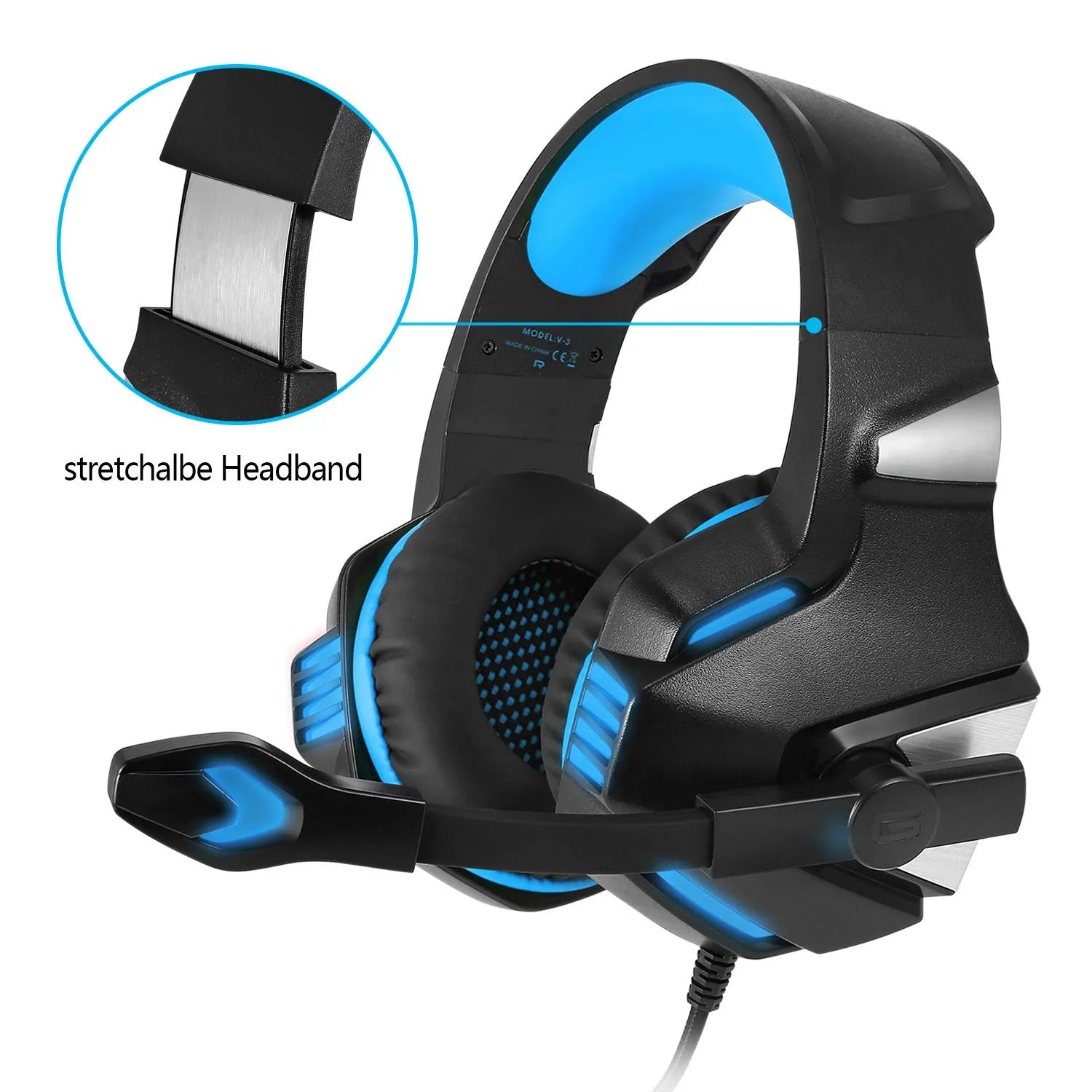 Inzhuo V3 black blue e-sports headset with memory sponge protein leather earmuffs and braided cable