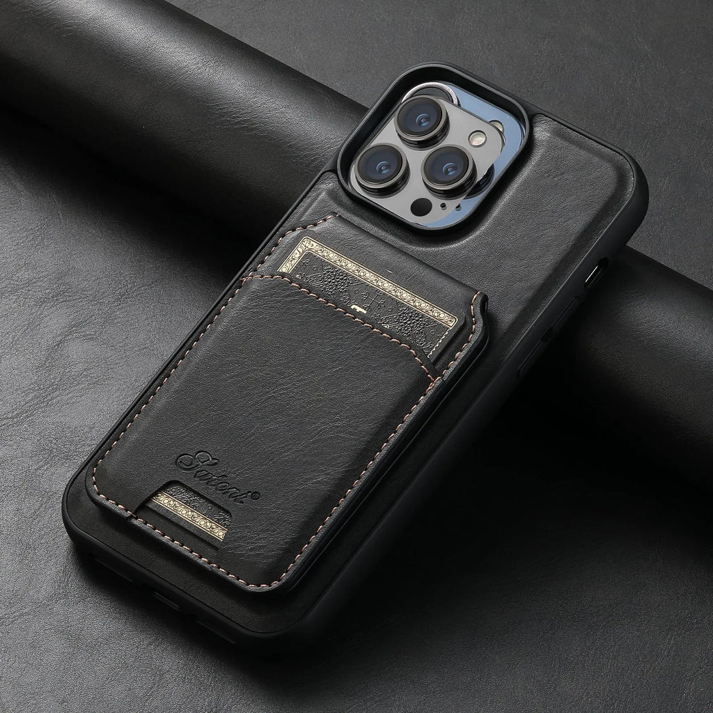 MagSafe-compatible silicone phone case with a magnetic card holder on the back in an oil wax pattern finish.