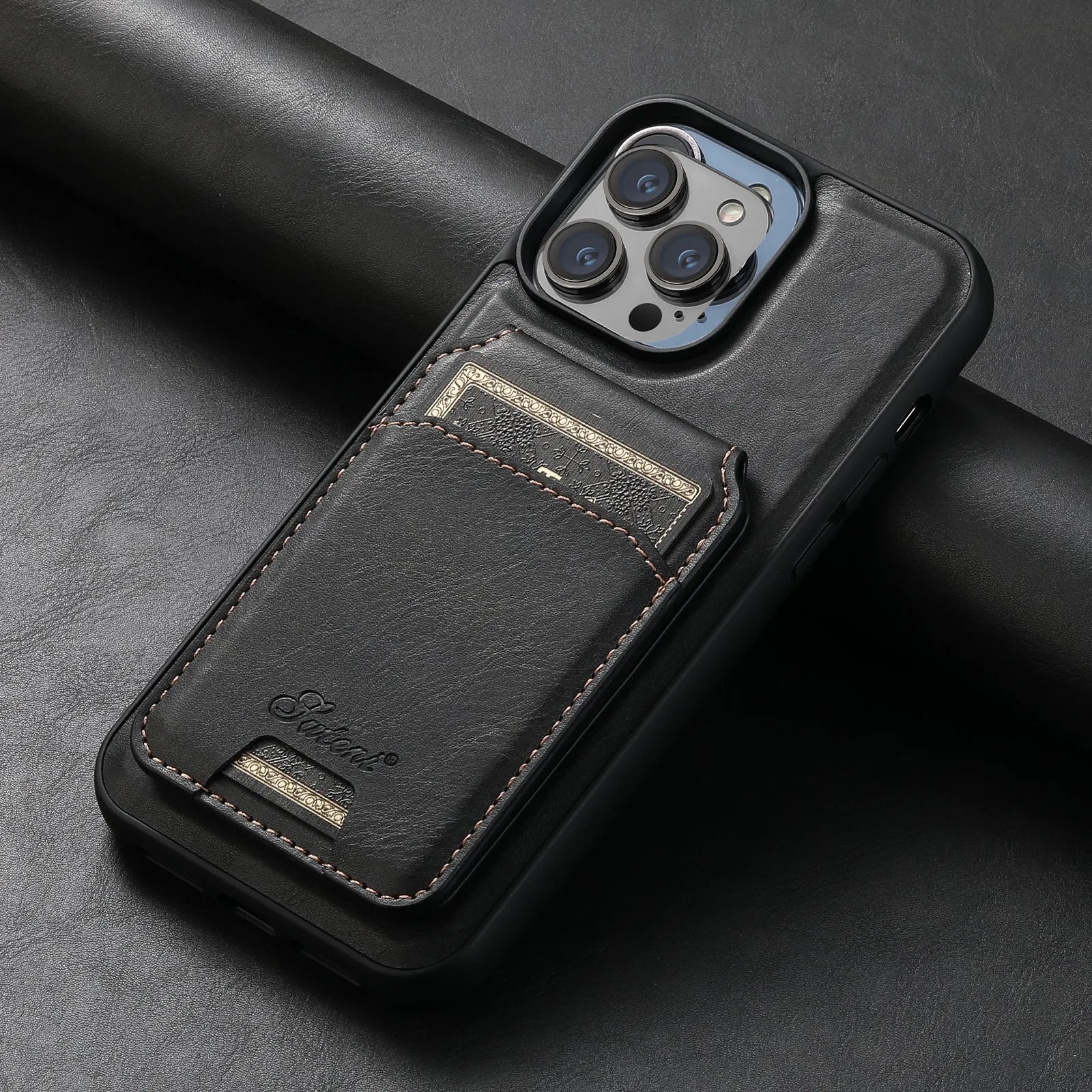 MagSafe-compatible silicone phone case with a magnetic card holder on the back in an oil wax pattern finish.