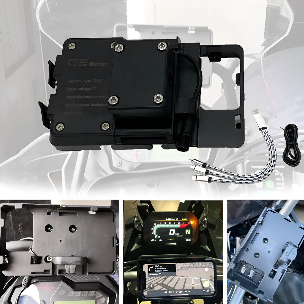 Black ABS plastic motorcycle phone navigation bracket for BMW R1200GS and R1250GS models.