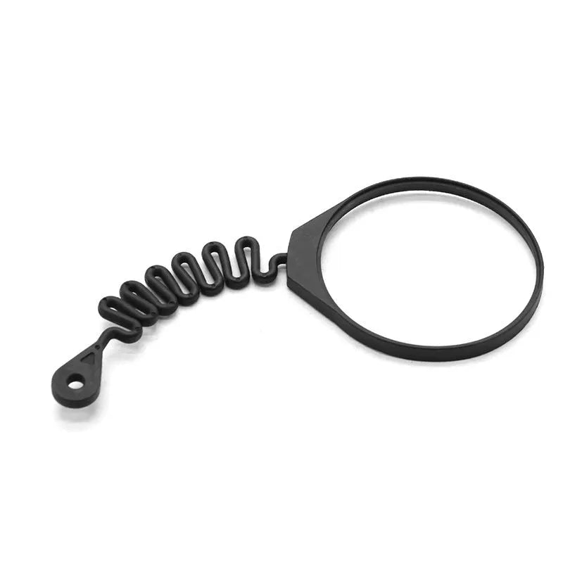 Black rubber fuel cap tether for Volvo cars, shown in round band and separate rope styles.