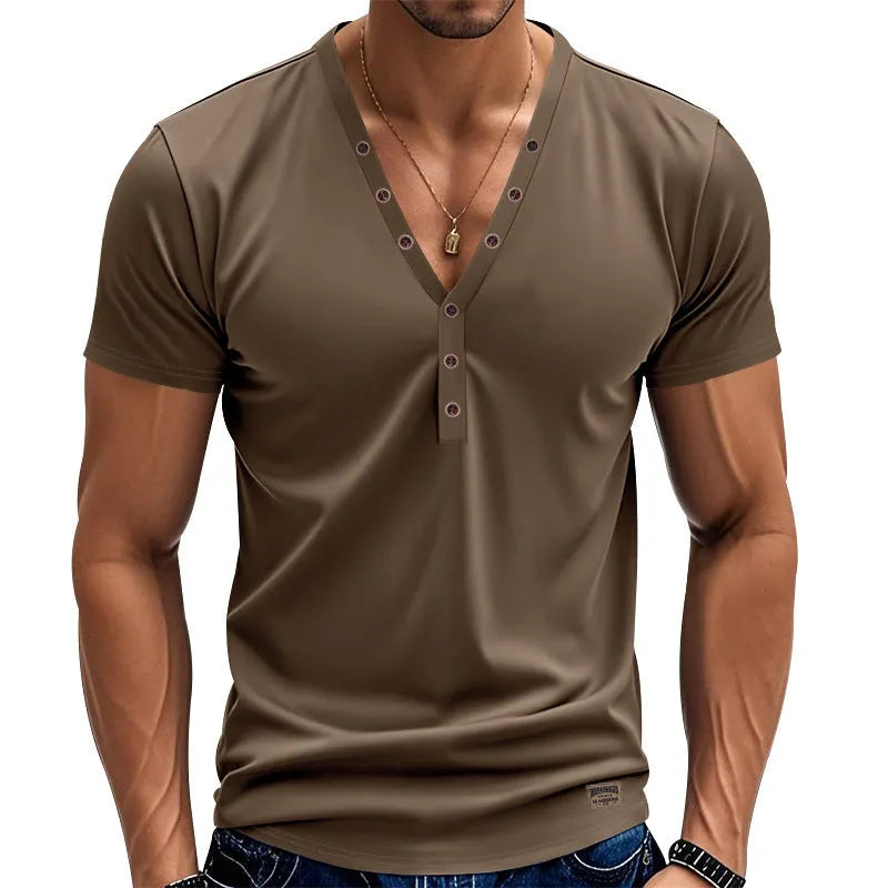 Men's loose fit V-neck button pullover shirt in polyester blend fabric for sports wear