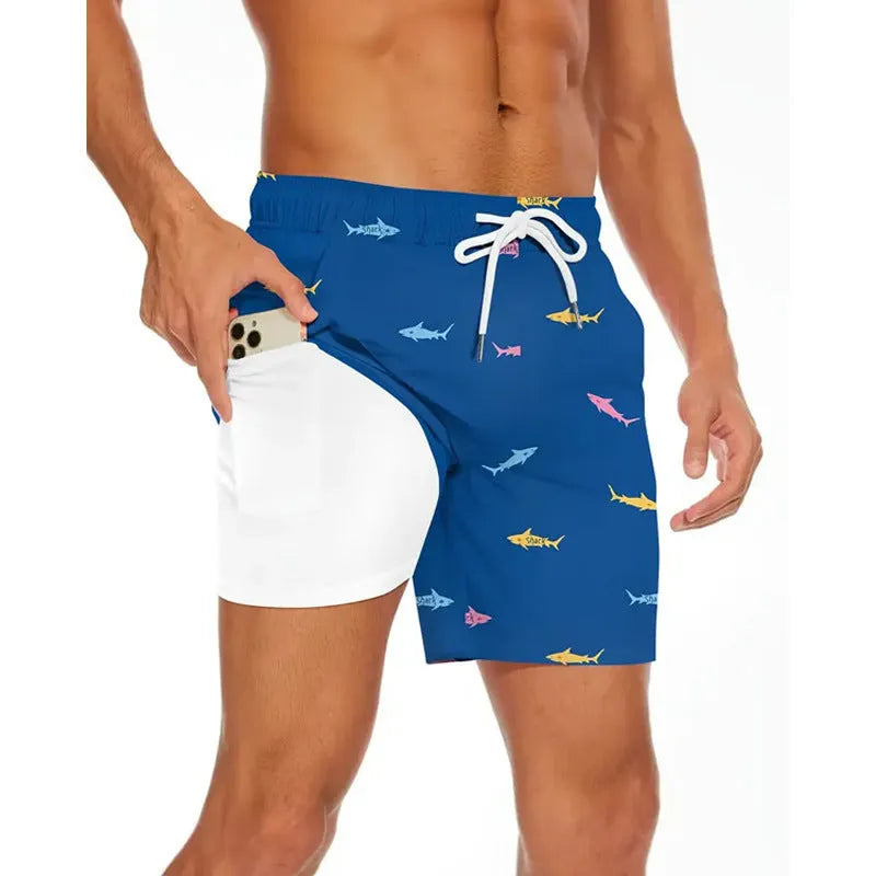 Men's loose-fit polyester beach shorts shown in one of 11 colour options, sizes up to 5XL.
