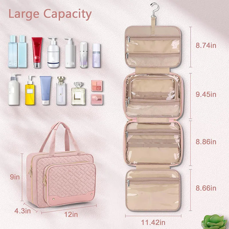Waterproof polyester hanging cosmetic bag in pink or black measuring 30.5x11x22.9cm