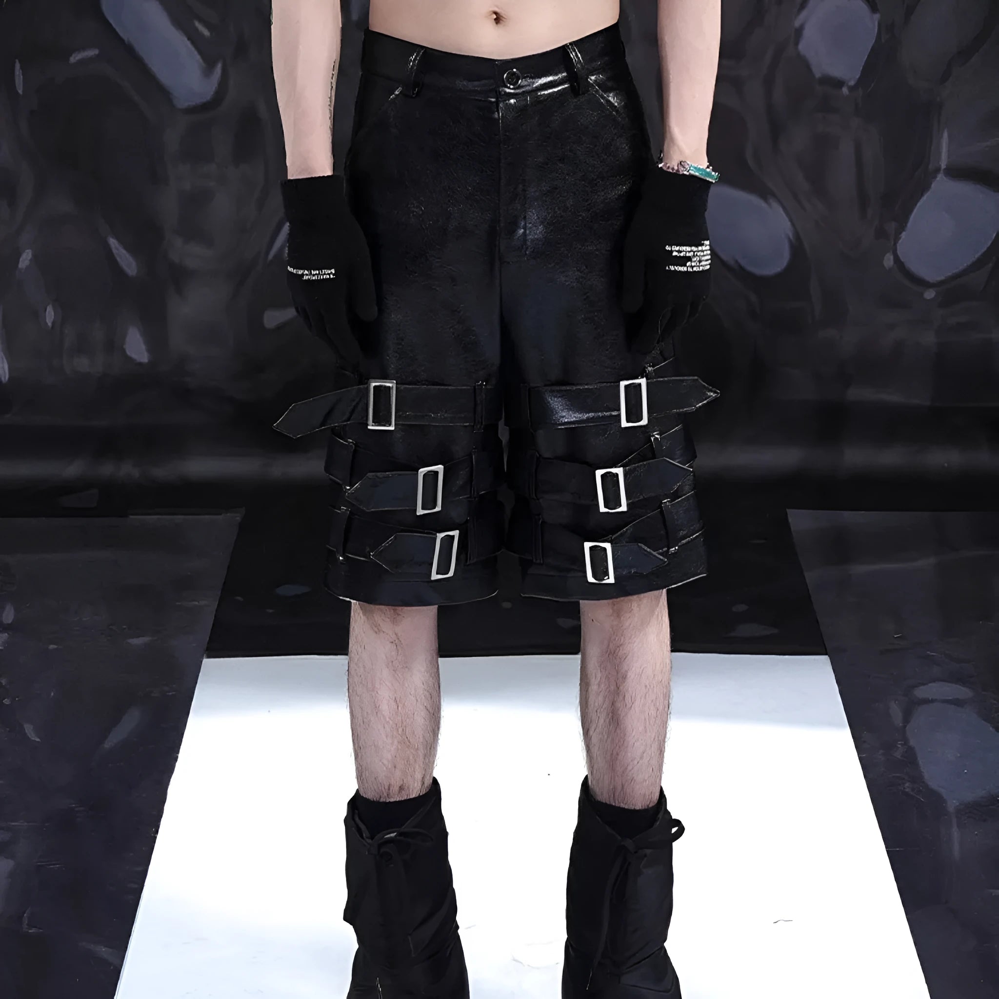 Black men's PU leather casual shorts with ring detailing, shown in a cropped pants style.