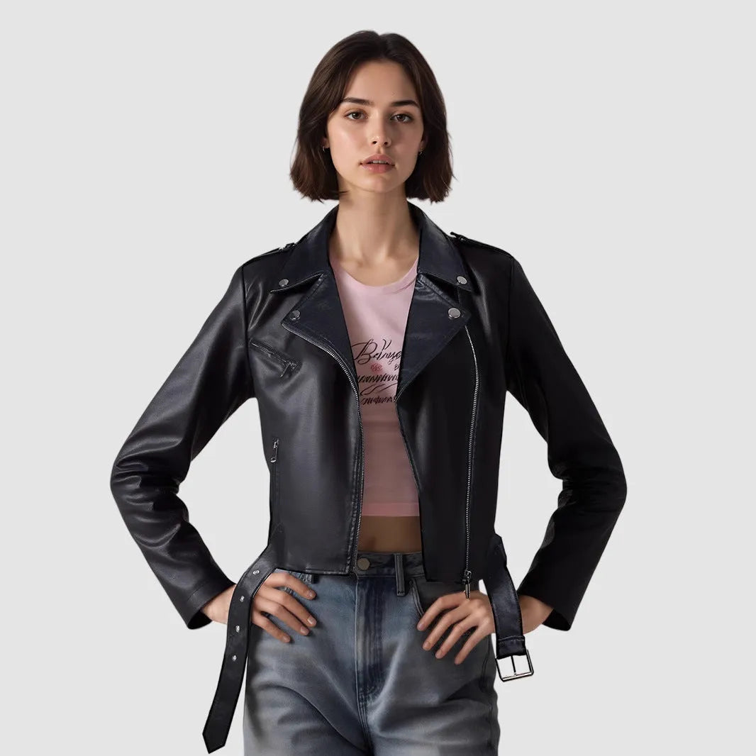 Women's black PU leather motorbike jacket with a lapel collar and waist belt.