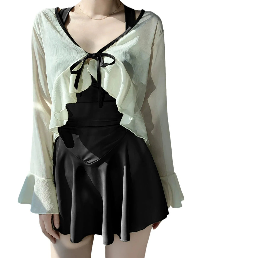 Women's milk silk two-piece swimsuit set with jacket in black, solid colour, size S to XL