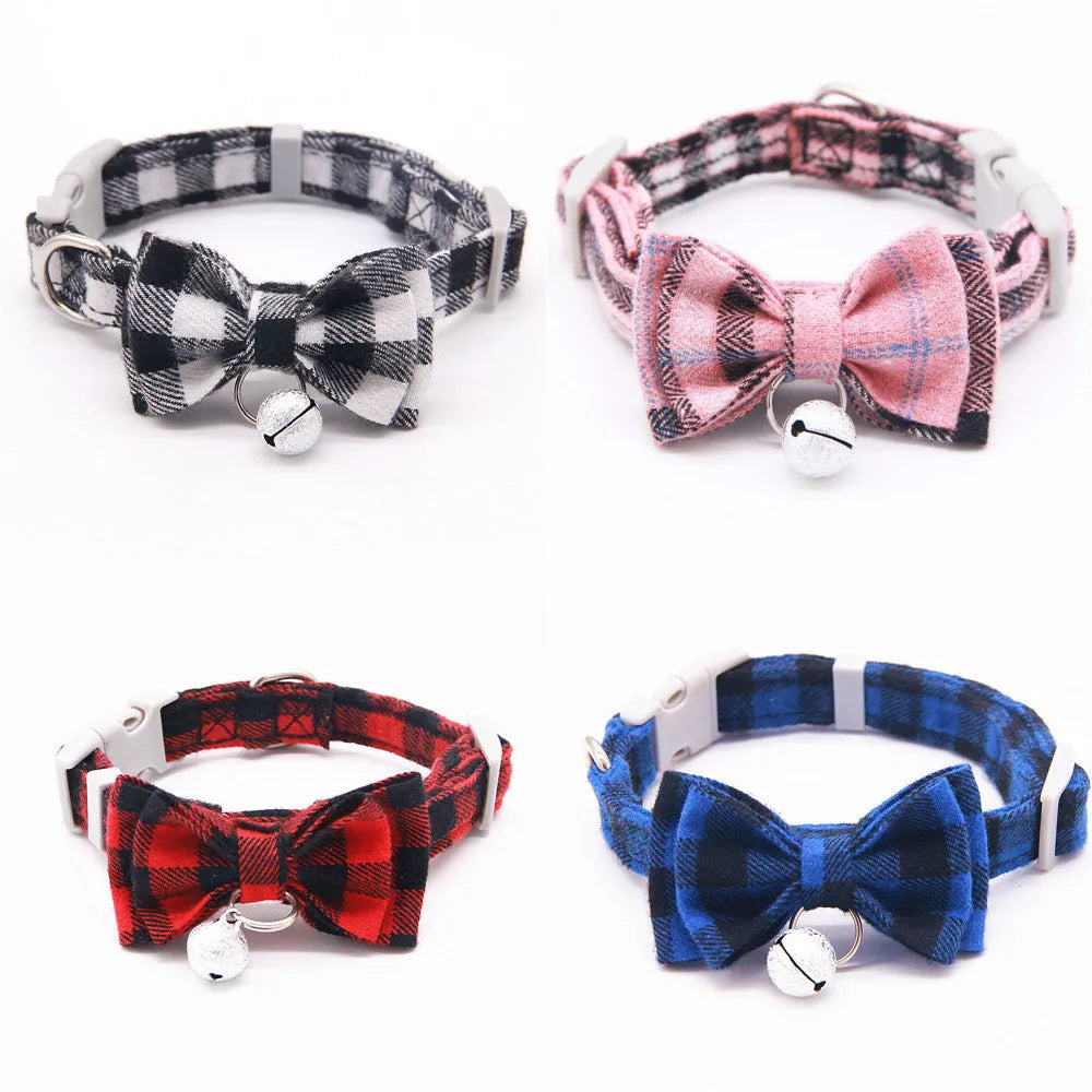 Plaid cotton cat bell collar with butterfly bow tie and optional hand holding rope in blue green orange pink red white S XS