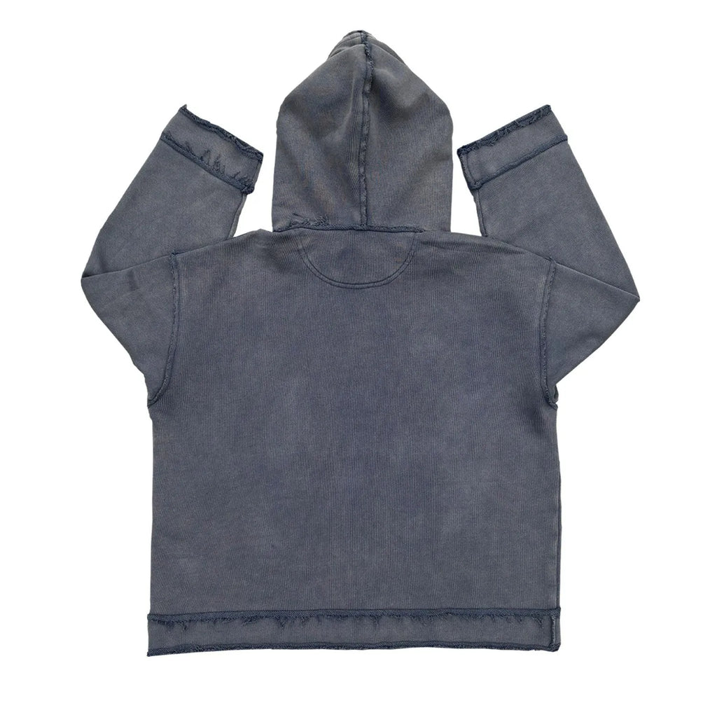 Dark blue zip-up hoodie sweater on a hanger showing the front zip, hood, and long sleeves.