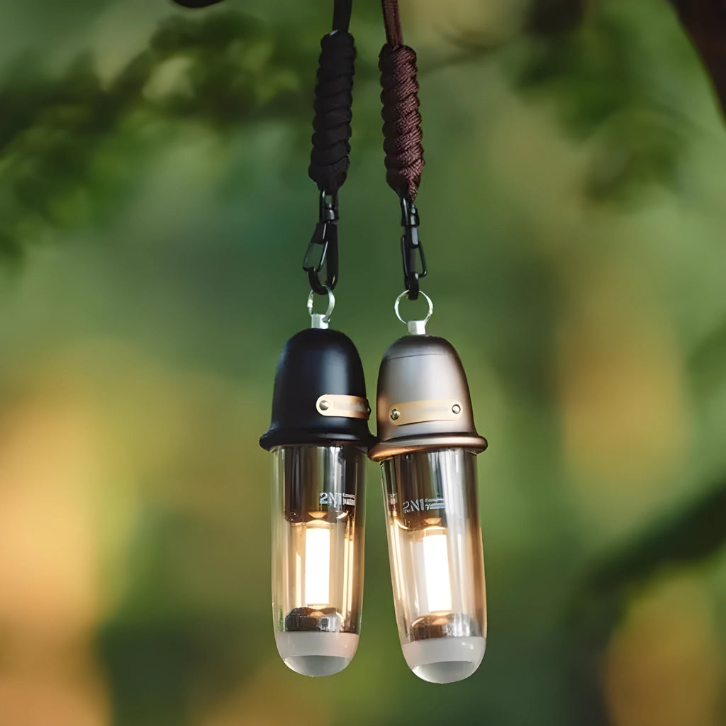 Portable camping lantern tent light in Misty Brown or Starry Night Black with hanging rope and Type-C cable