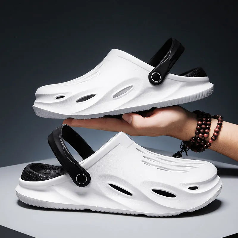 Men's beach sandals with soft-soled toe, artificial PU upper, rubber sole, back tie closure, black colour