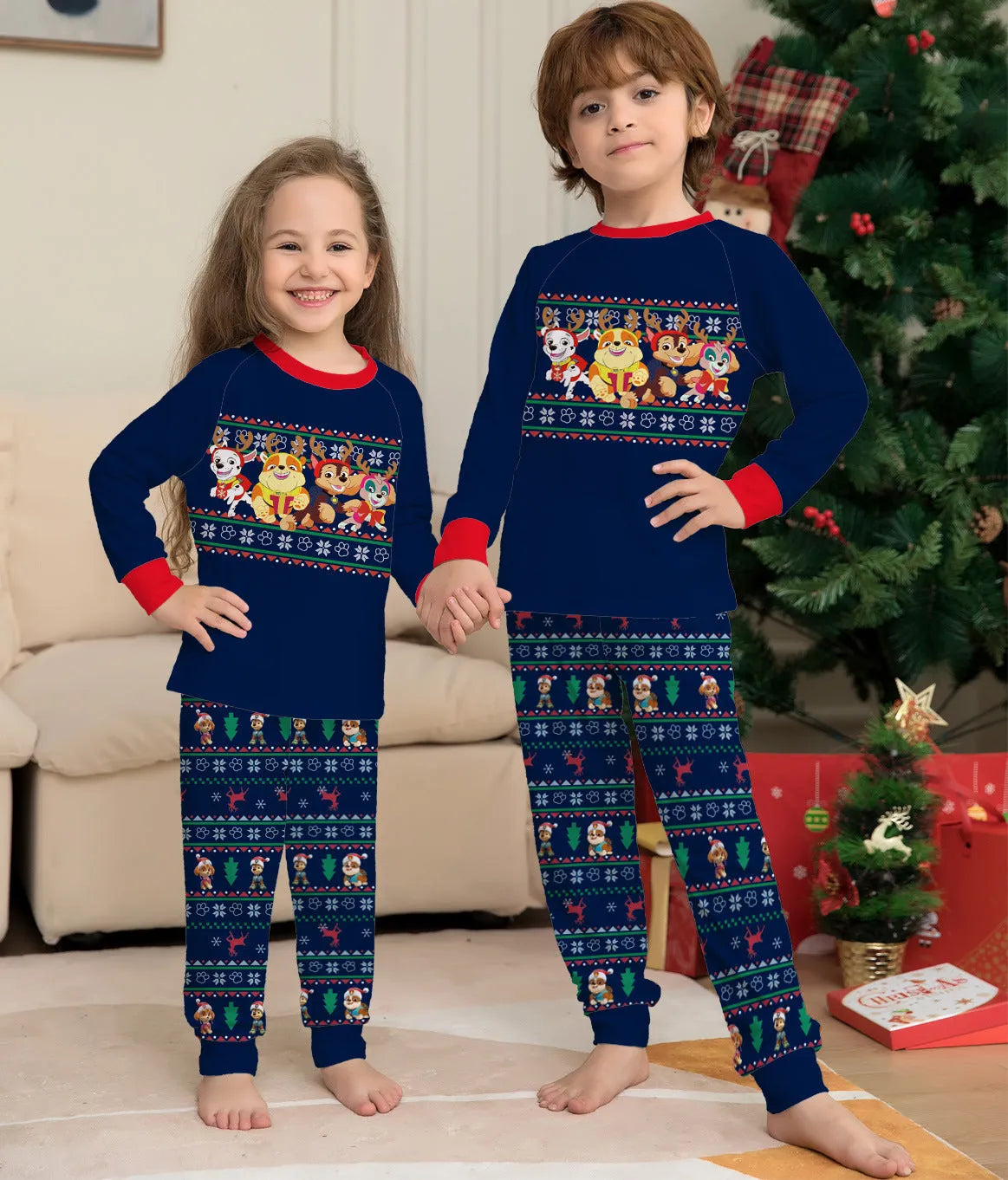 Red plaid Christmas pyjamas with deer print for matching family wear including adult, child, baby, and dog sizes