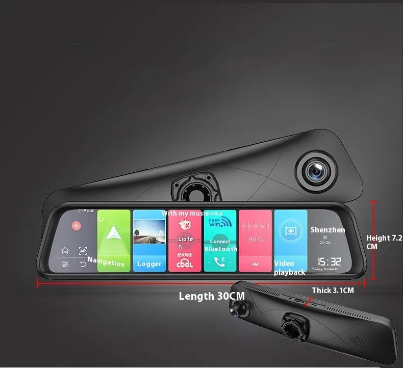 Black dashboard camera with touch screen display showing GPS navigation interface