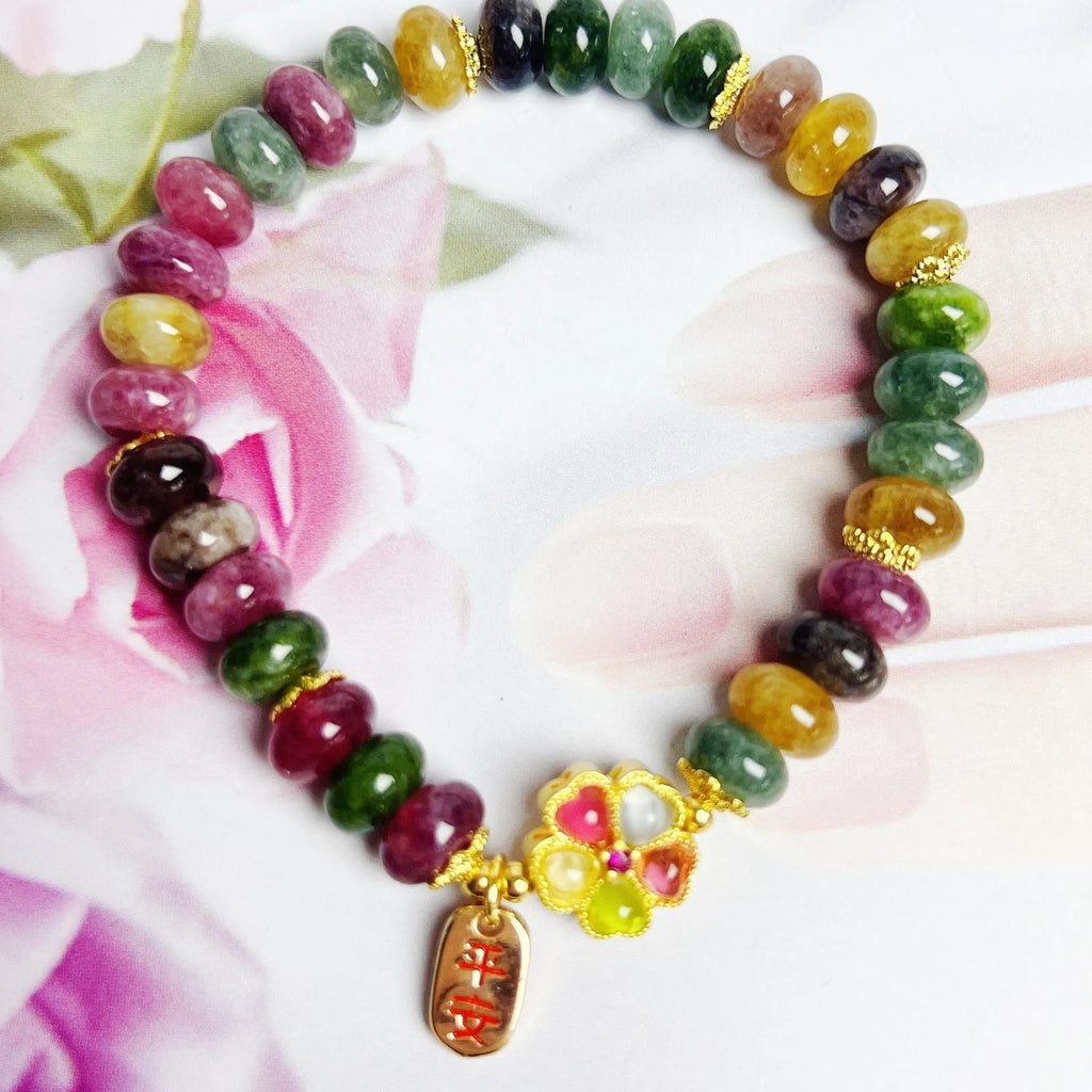 Colourful tourmaline abacus beads jade bracelet for women with artificial crystal beads and original design