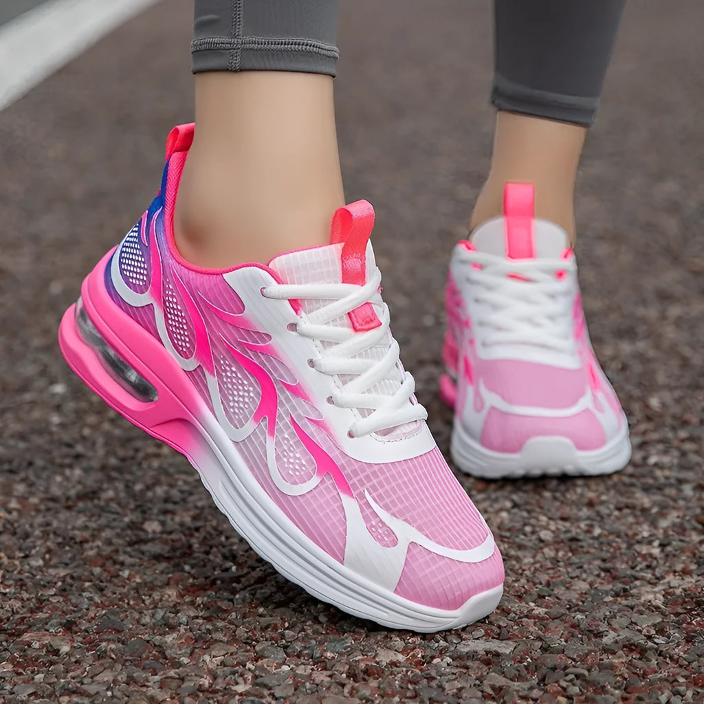 Women's casual sneaker in mesh fabric with PU sole, shown in Pink, Plum Red, and Moonlight colour options.