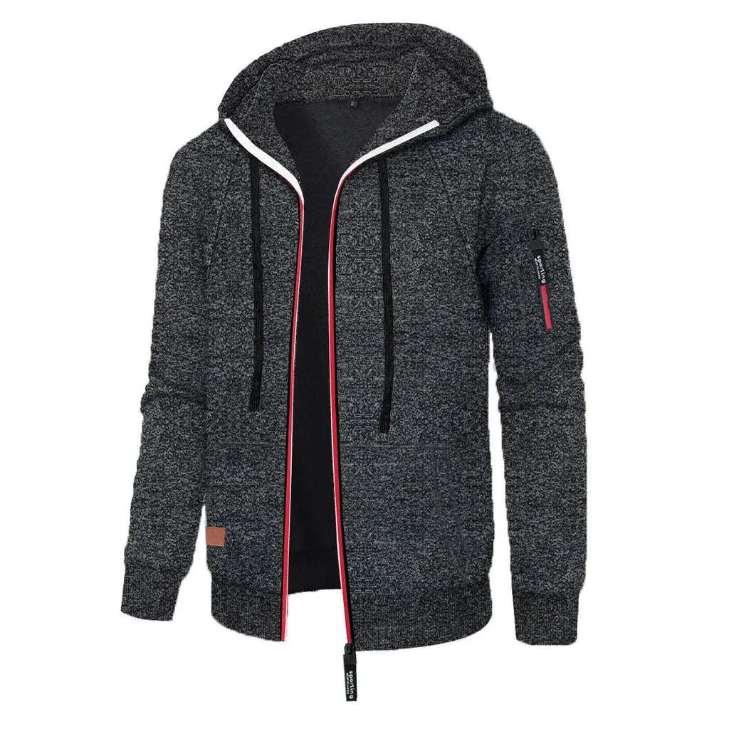 Men's loose fit jacquard hooded coat in black, polyester fibre, Korean style cardigan with long sleeves and hood