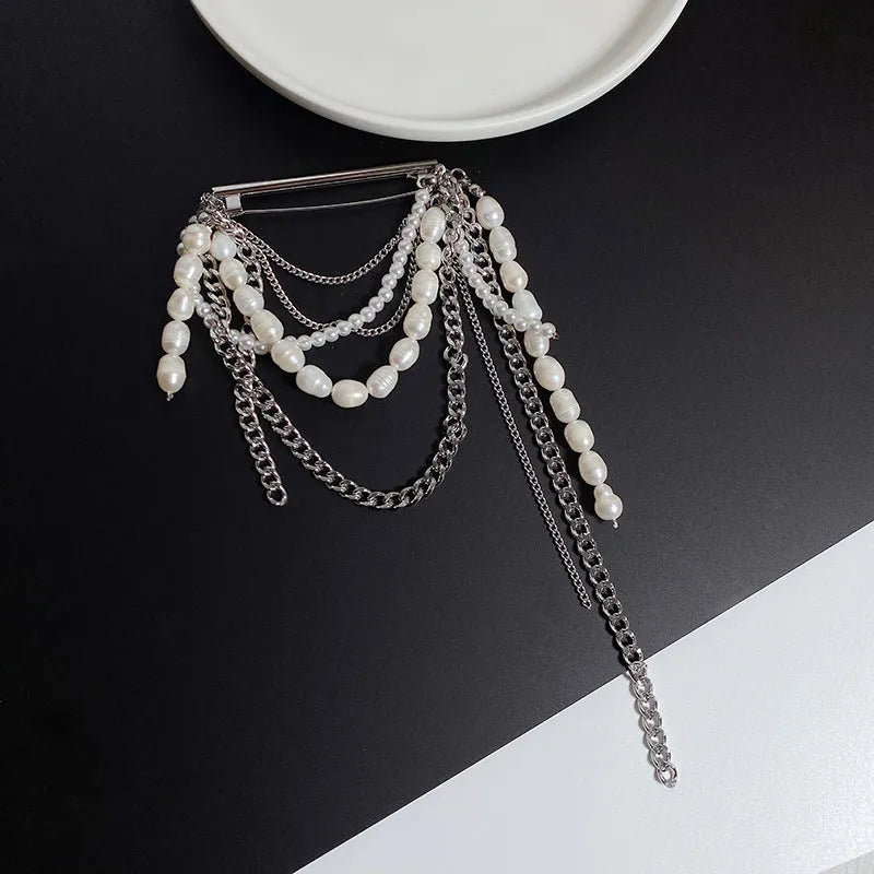 Korean style tassel pearl pin brooch electroplated alloy unisex decor gold tassel colour