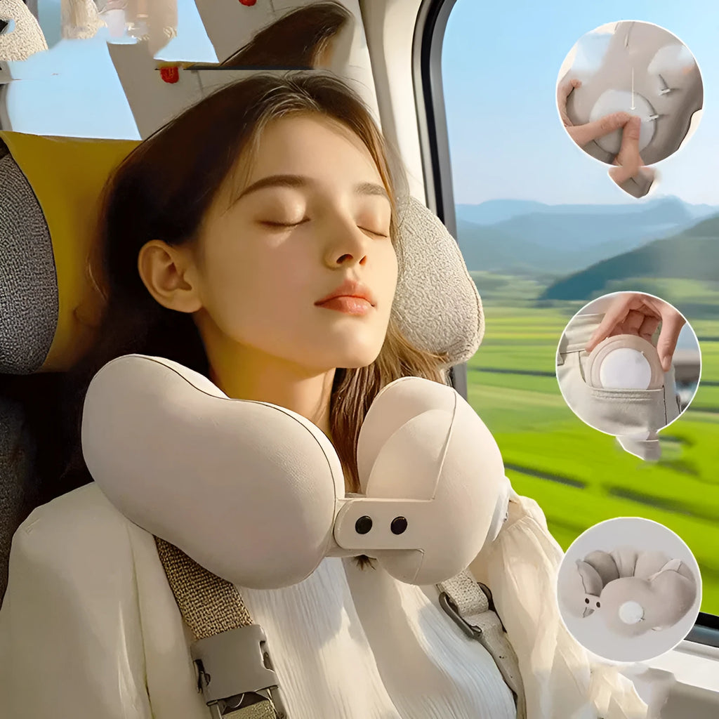 Inflatable U-shaped travel neck pillow with cartoon cloud bubble pattern