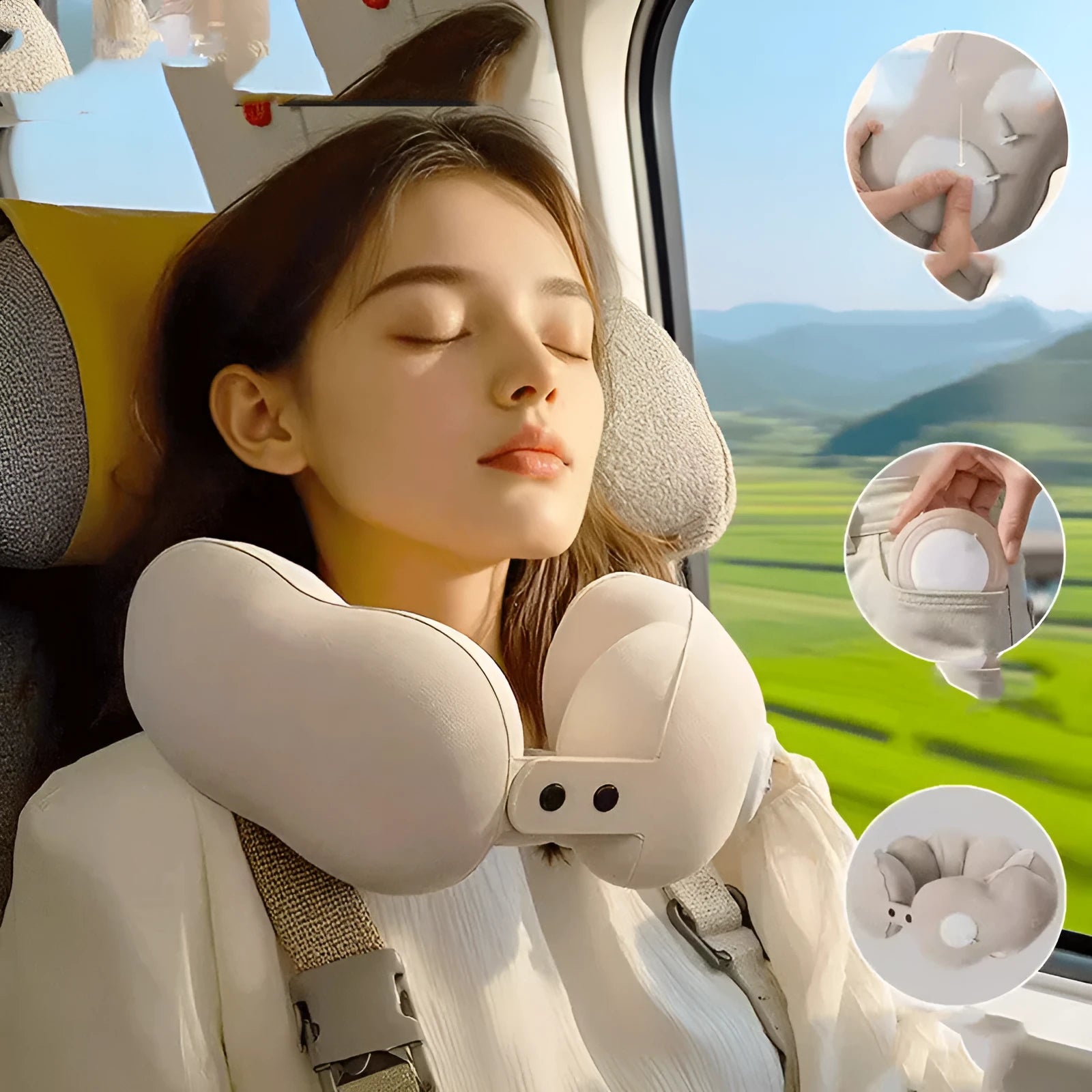 Inflatable U-shaped travel neck pillow with cartoon cloud bubble pattern