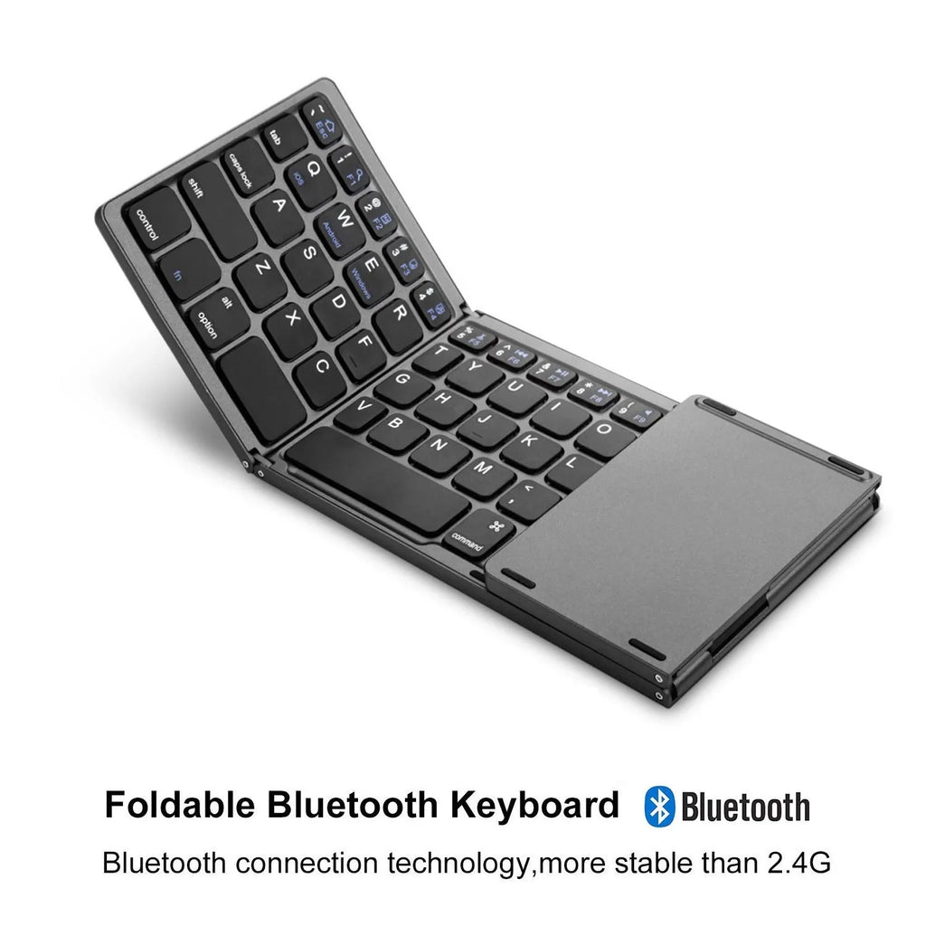 Black tri-fold Bluetooth keyboard shown unfolded next to folded silver version