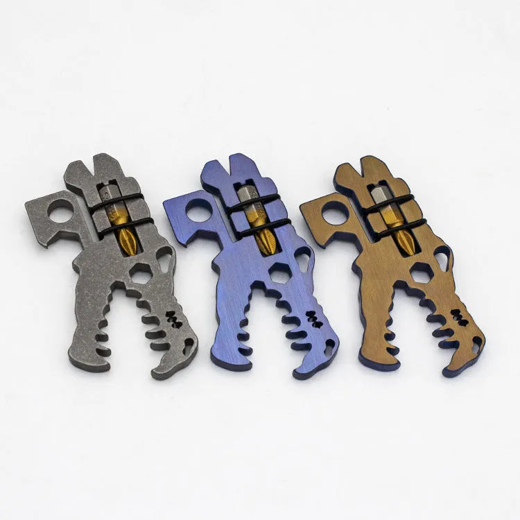 Grey TC4 titanium dinosaur head survival tool 78x42x5mm on a grey background