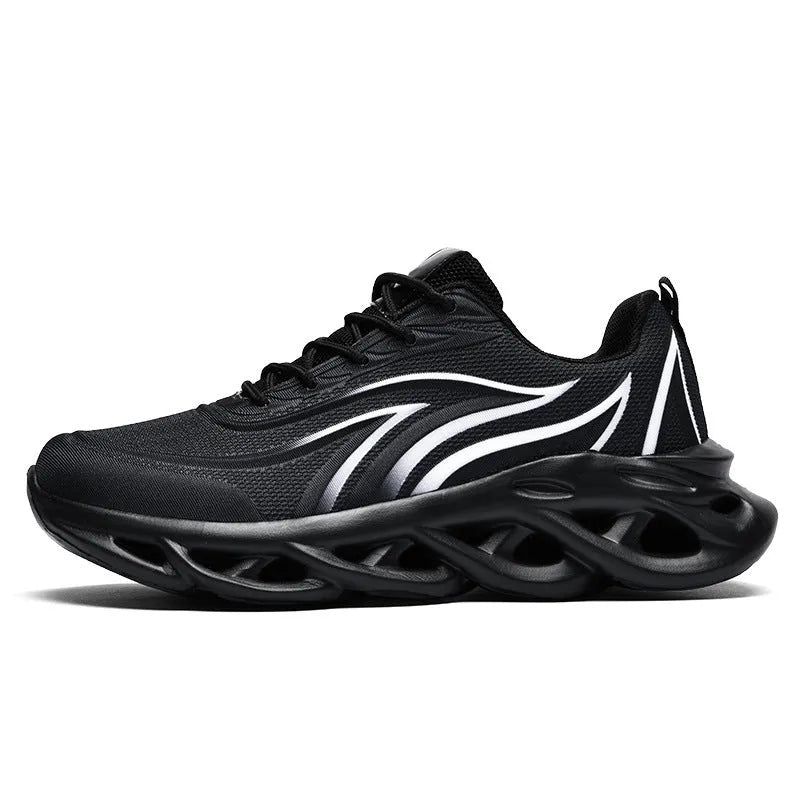 Men's Korean style carved wing pattern net cloth casual running shoes with foam sole, available in black and white colour options